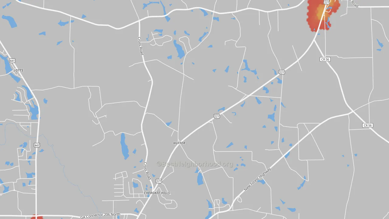 Walk Grade map of Huffer, GA, walkable areas in green and car-dependent areas in red