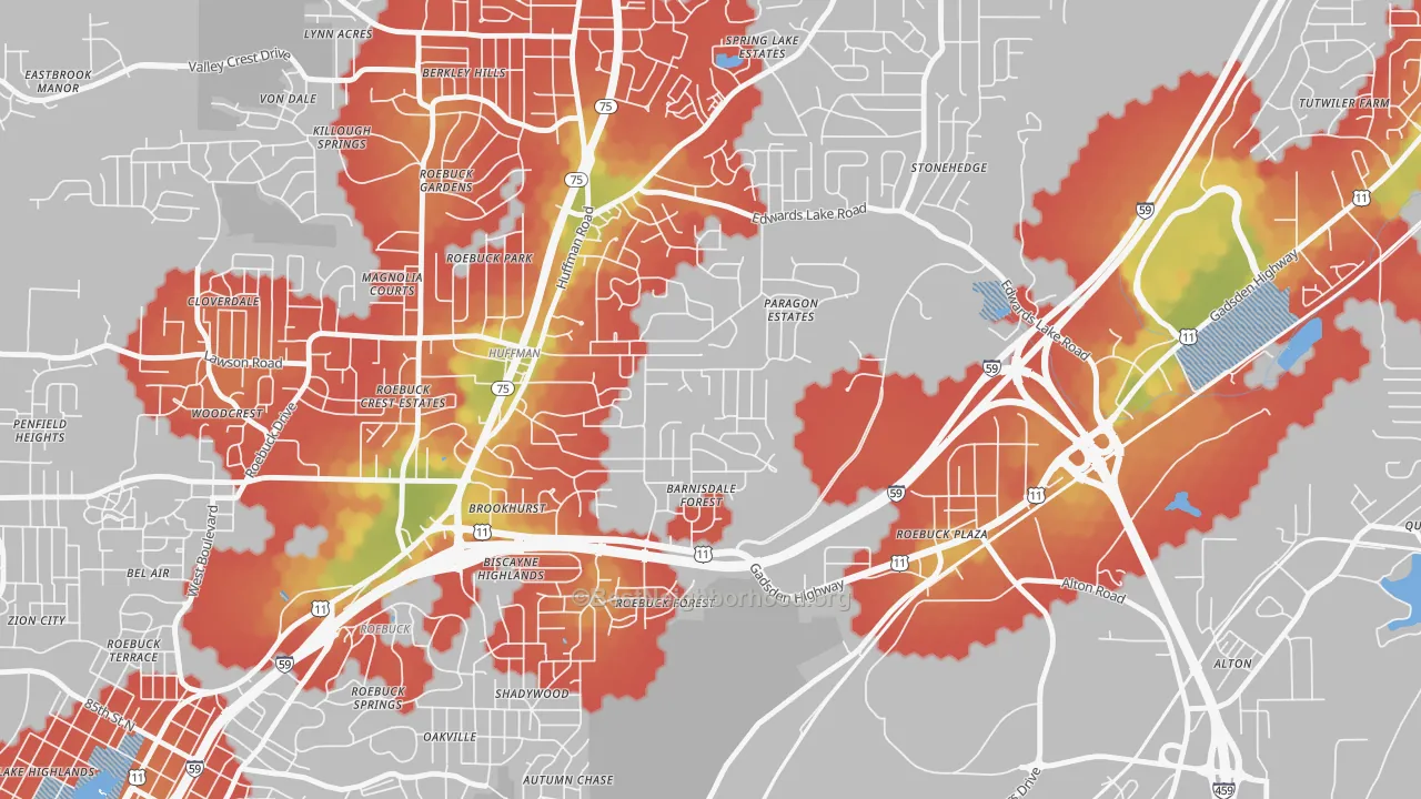 Walk Grade map of Huffman, Birmingham, AL, walkable areas in green and car-dependent areas in red