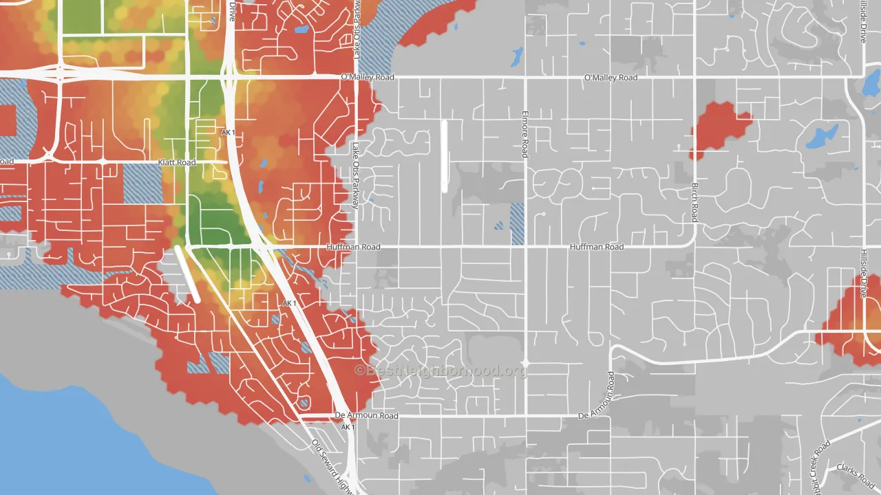 Walk Grade map of Huffman-O'Malley, Anchorage, AK, walkable areas in green and car-dependent areas in red