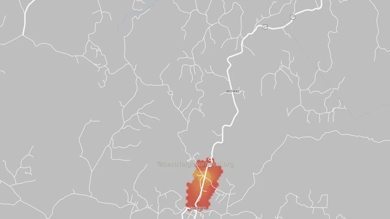 Walk Grade map of Huffman, TN, walkable areas in green and car-dependent areas in red