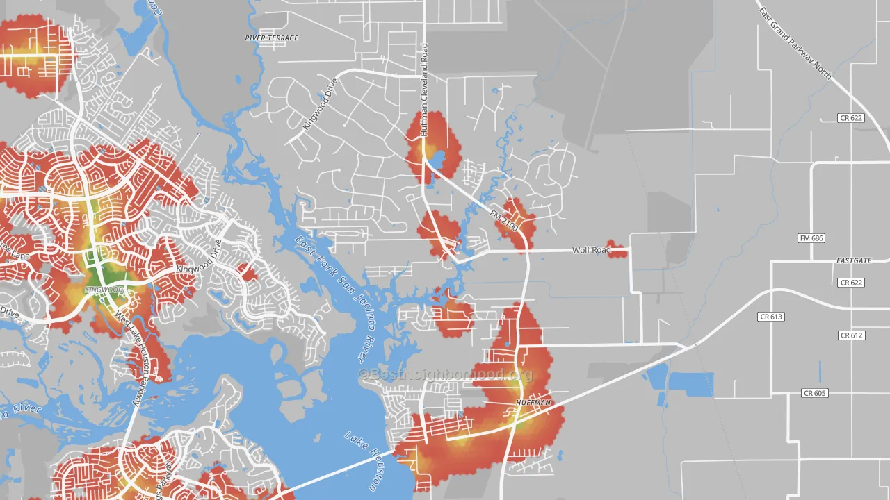 Walk Grade map of Huffman, TX, walkable areas in green and car-dependent areas in red