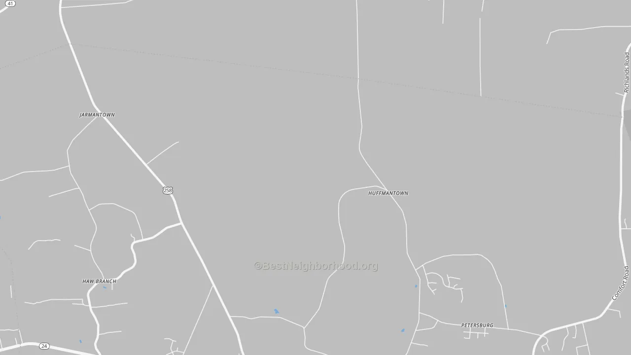 Walk Grade map of Huffmantown, NC, walkable areas in green and car-dependent areas in red
