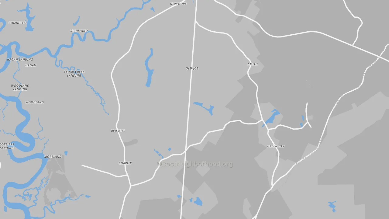 Walk Grade map of Huger, SC, walkable areas in green and car-dependent areas in red