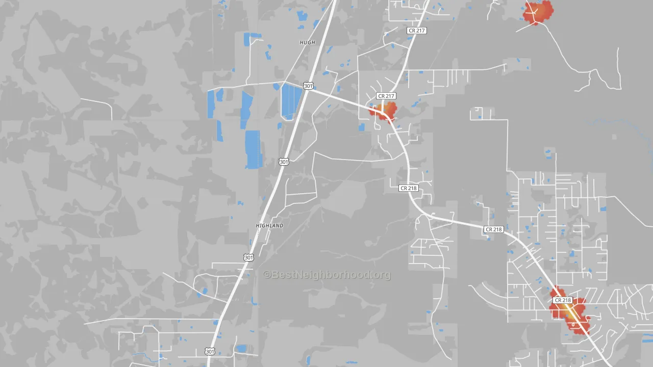 Walk Grade map of Hugh, FL, walkable areas in green and car-dependent areas in red