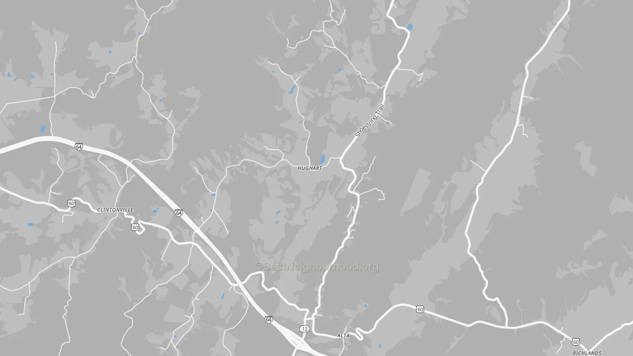 Walk Grade map of Hughart, WV, walkable areas in green and car-dependent areas in red