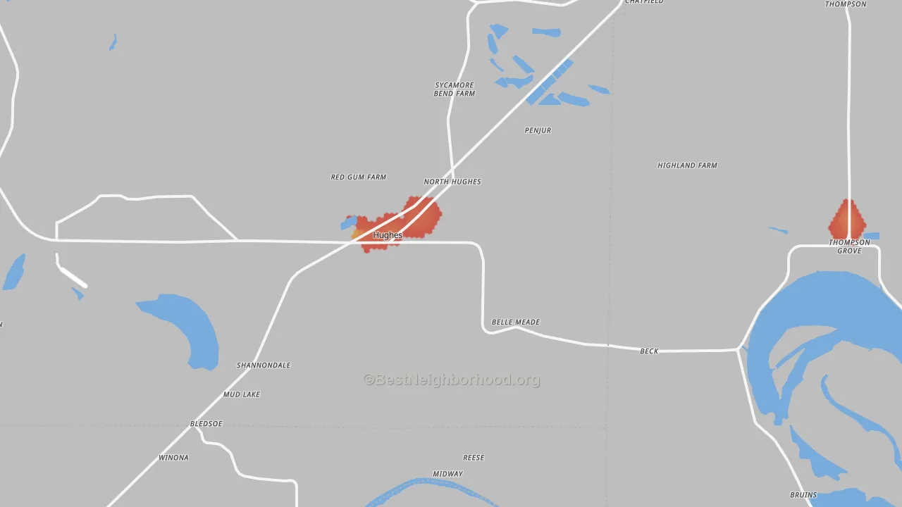 Walk Grade map of Hughes, AR, walkable areas in green and car-dependent areas in red