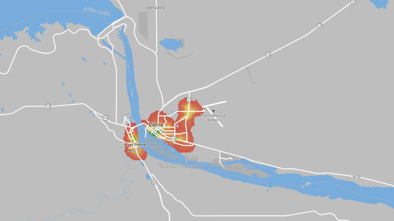 Walk Grade map of Hughes County, SD, walkable areas in green and car-dependent areas in red