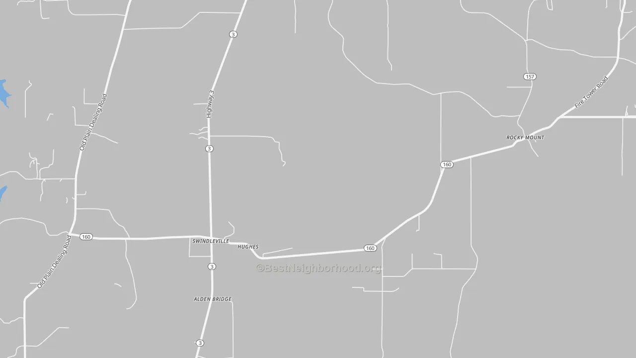 Walk Grade map of Hughes, LA, walkable areas in green and car-dependent areas in red