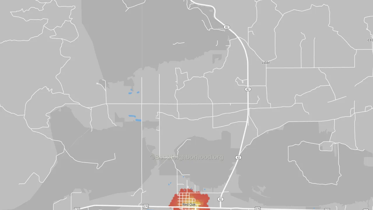Walk Grade map of Hughes, OK, walkable areas in green and car-dependent areas in red