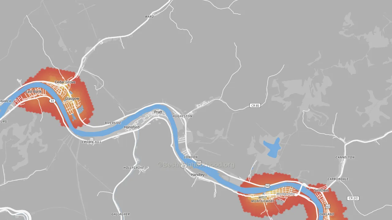 Walk Grade map of Hugheston, WV, walkable areas in green and car-dependent areas in red