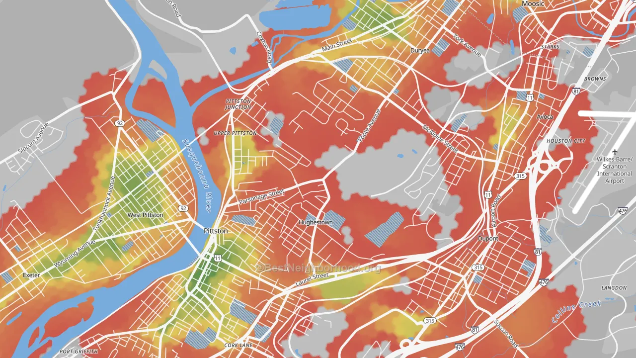 Walk Grade map of Hughestown, PA, walkable areas in green and car-dependent areas in red