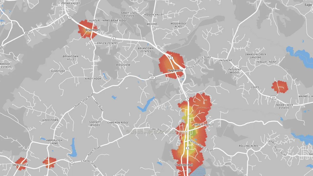 Walk Grade map of Hughesville, MD, walkable areas in green and car-dependent areas in red