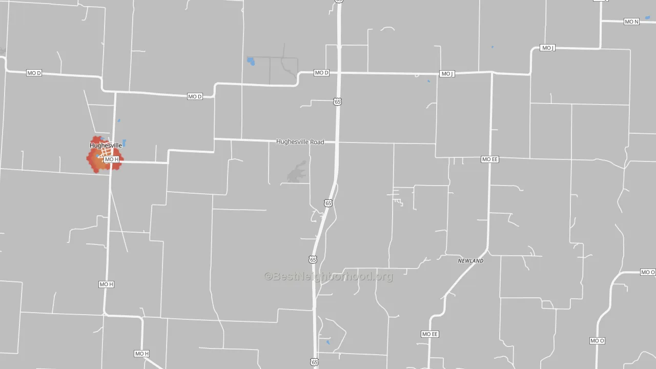 Walk Grade map of Hughesville, MO, walkable areas in green and car-dependent areas in red