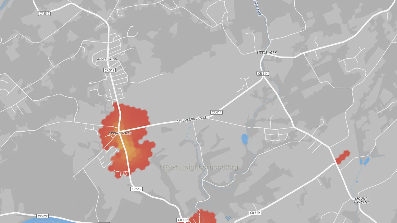 Walk Grade map of Hughesville, NJ, walkable areas in green and car-dependent areas in red