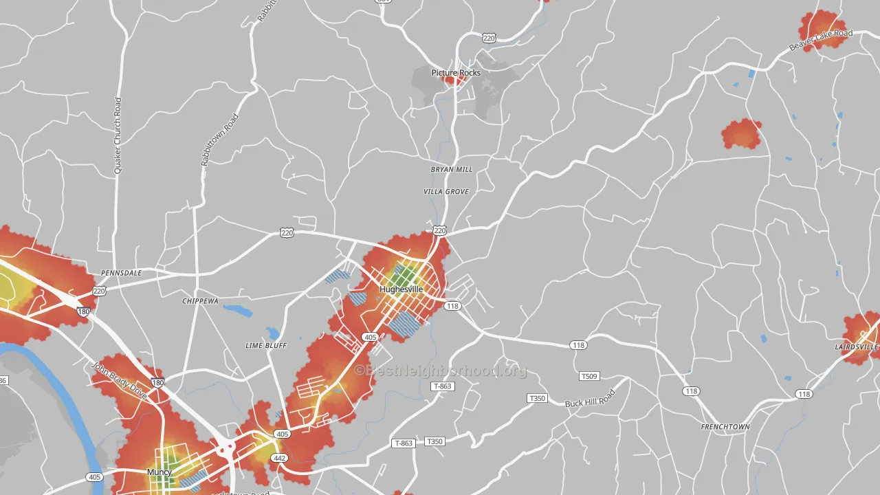 Walk Grade map of Hughesville, PA, walkable areas in green and car-dependent areas in red