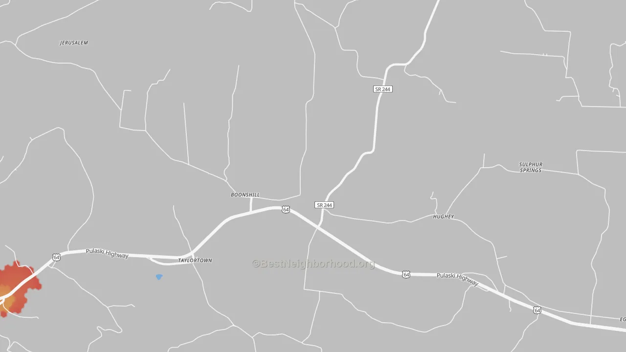 Walk Grade map of Hughey, TN, walkable areas in green and car-dependent areas in red