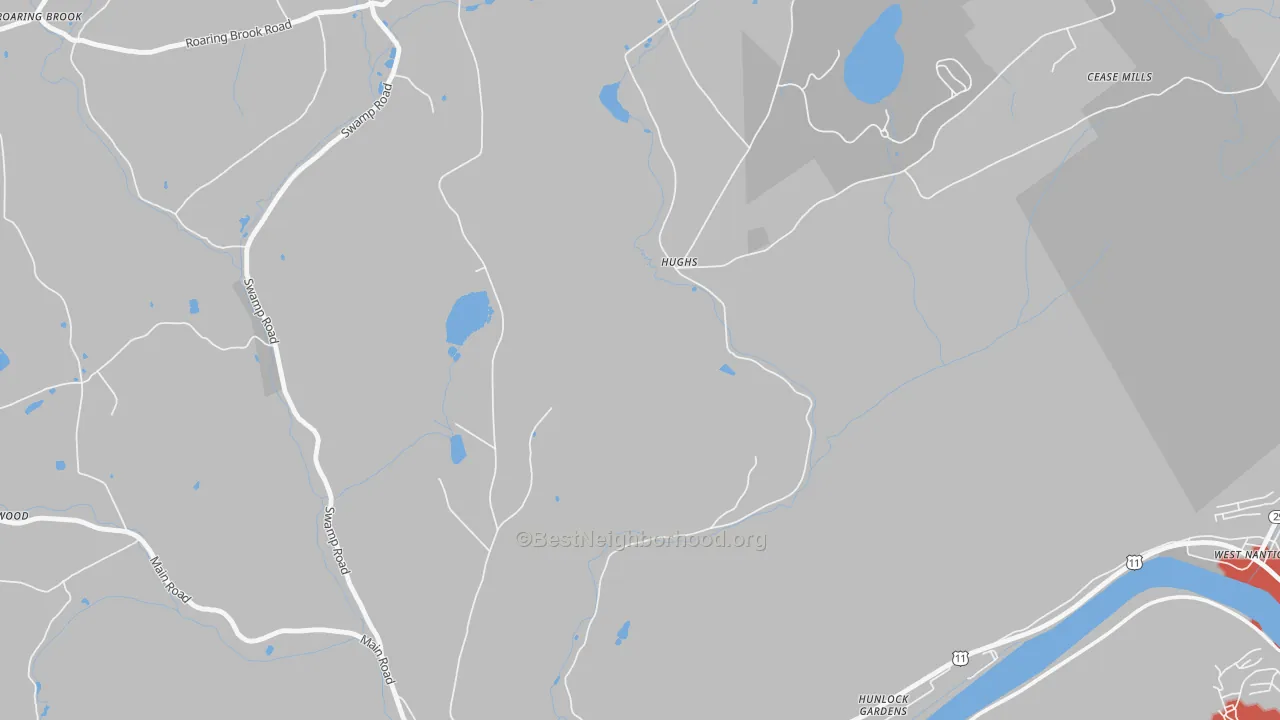 Walk Grade map of Hughs, PA, walkable areas in green and car-dependent areas in red