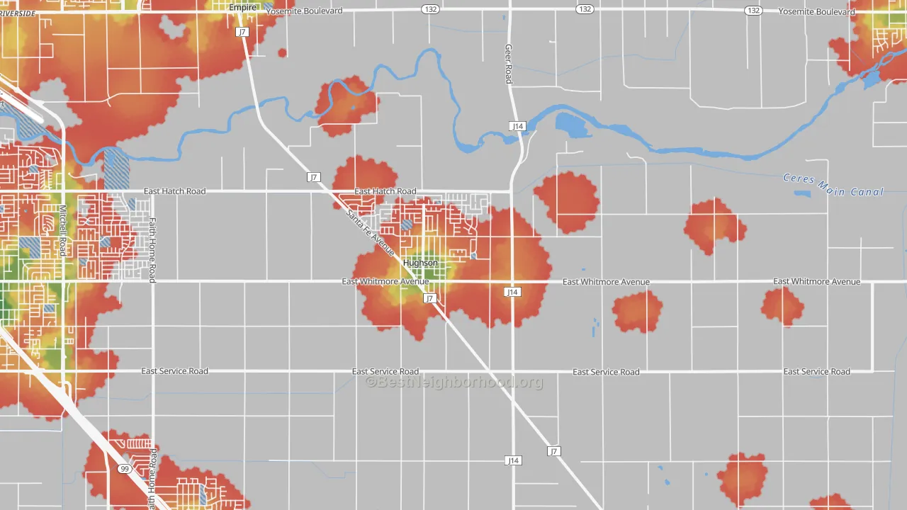 Walk Grade map of Hughson, CA, walkable areas in green and car-dependent areas in red