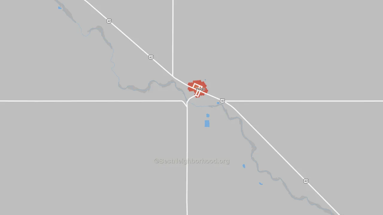 Walk Grade map of Hugo, CO, walkable areas in green and car-dependent areas in red
