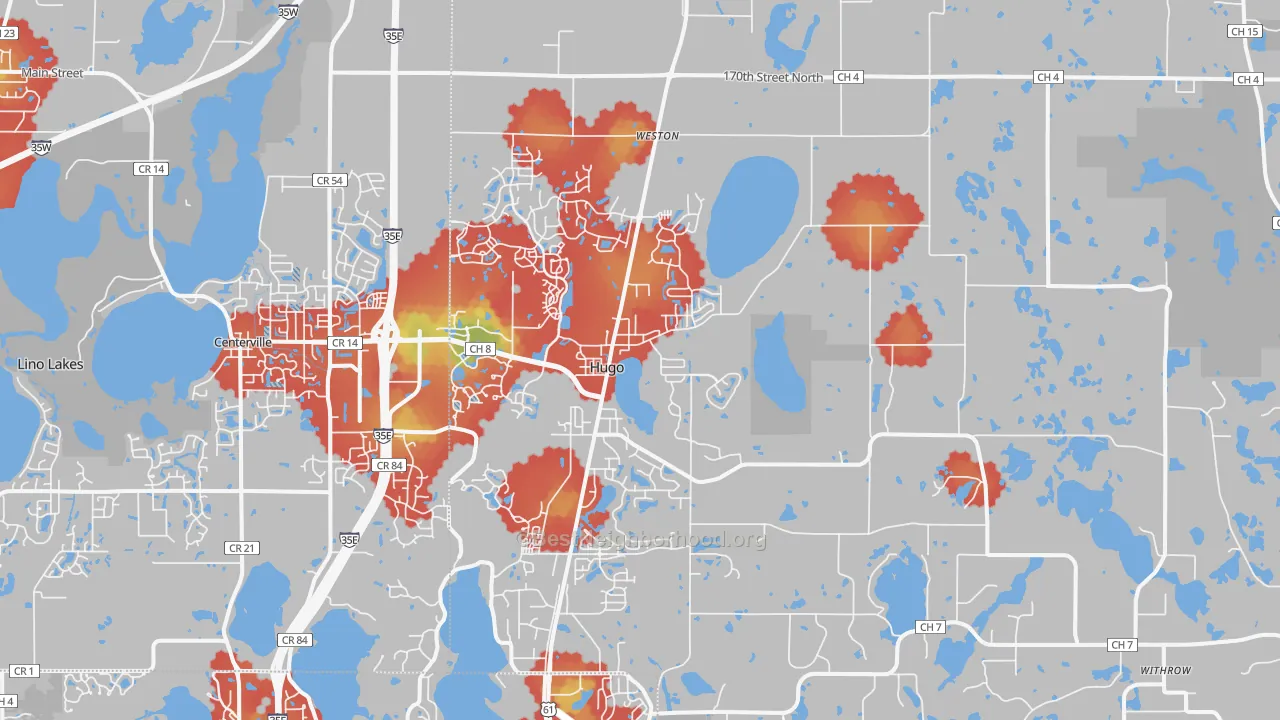 Walk Grade map of Hugo, MN, walkable areas in green and car-dependent areas in red