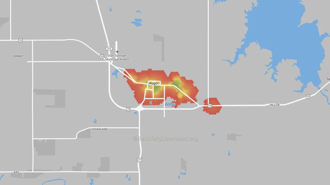 Walk Grade map of Hugo, OK, walkable areas in green and car-dependent areas in red