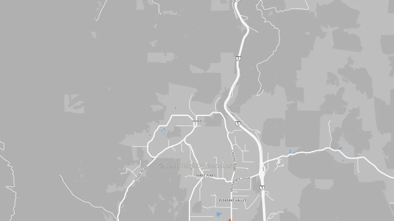 Walk Grade map of Hugo, OR, walkable areas in green and car-dependent areas in red