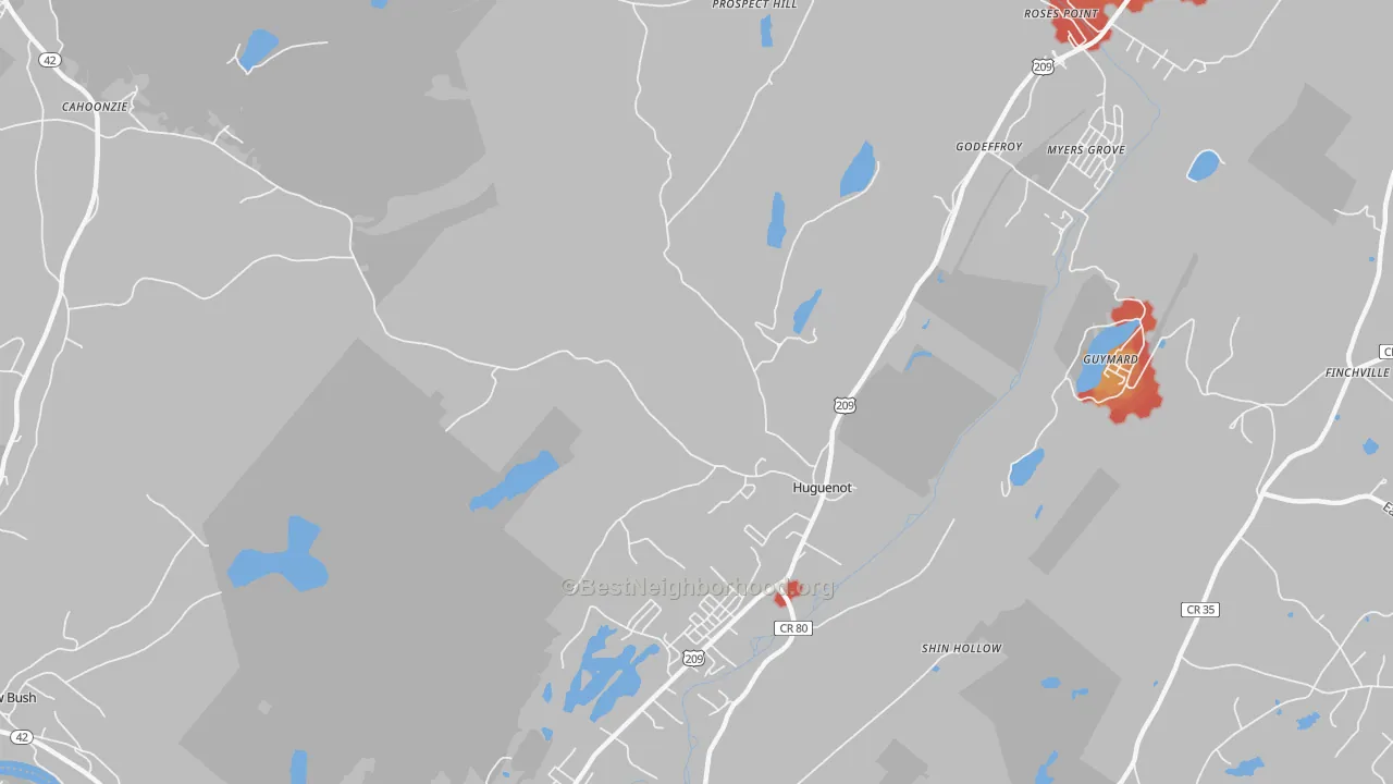 Walk Grade map of Huguenot, NY, walkable areas in green and car-dependent areas in red