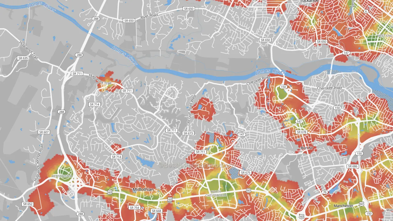 Walk Grade map of Huguenot, Richmond, VA, walkable areas in green and car-dependent areas in red