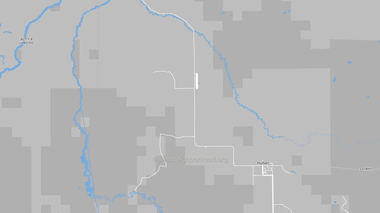 Walk Grade map of Hulbert, MI, walkable areas in green and car-dependent areas in red