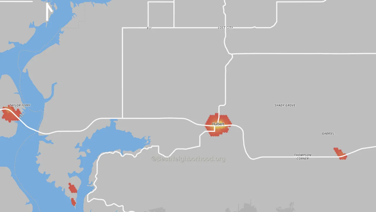 Walk Grade map of Hulbert, OK, walkable areas in green and car-dependent areas in red