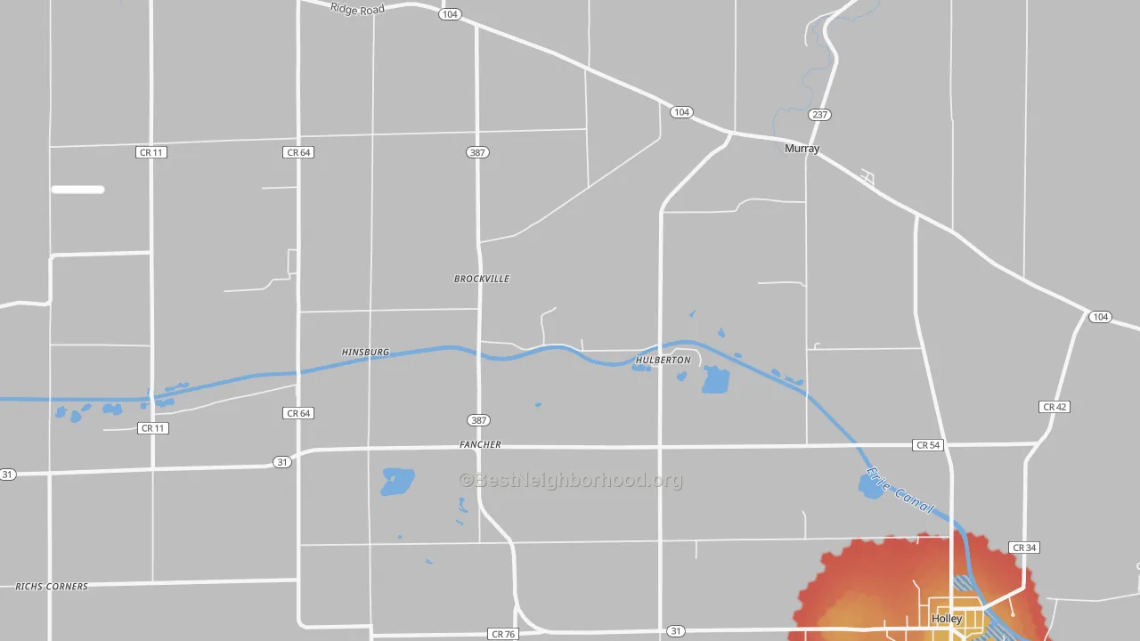 Walk Grade map of Hulberton, NY, walkable areas in green and car-dependent areas in red