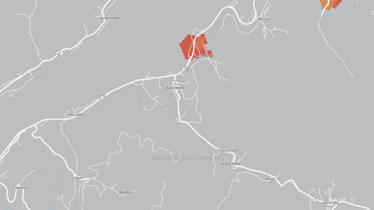 Walk Grade map of Hulen, KY, walkable areas in green and car-dependent areas in red