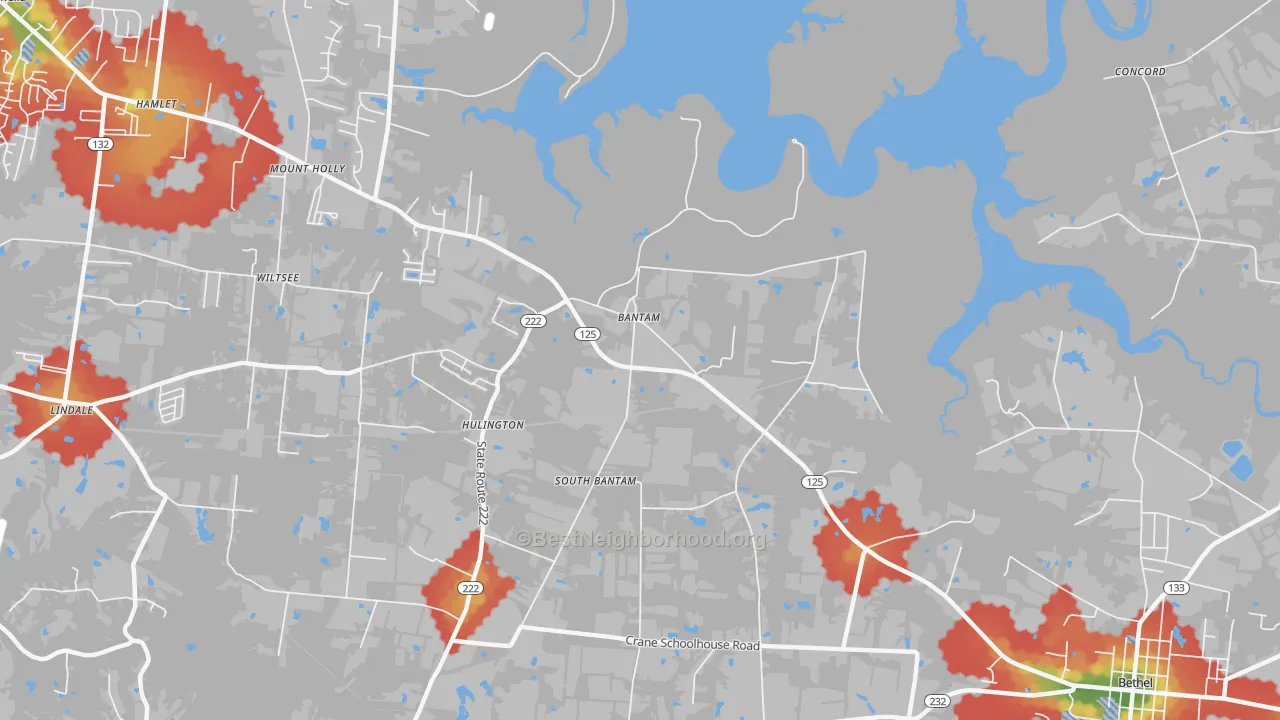 Walk Grade map of Hulington, OH, walkable areas in green and car-dependent areas in red