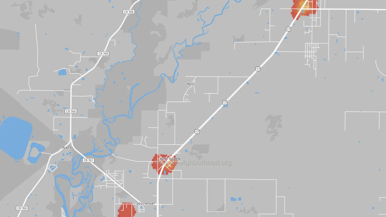Walk Grade map of Hull, FL, walkable areas in green and car-dependent areas in red