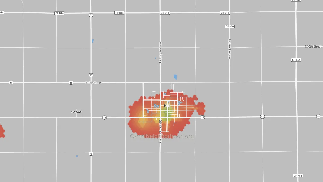 Walk Grade map of Hull, IA, walkable areas in green and car-dependent areas in red