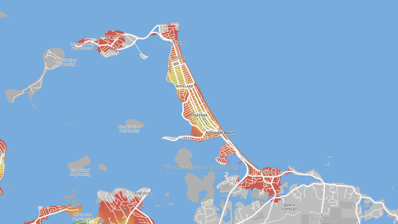 Walk Grade map of Hull, MA, walkable areas in green and car-dependent areas in red