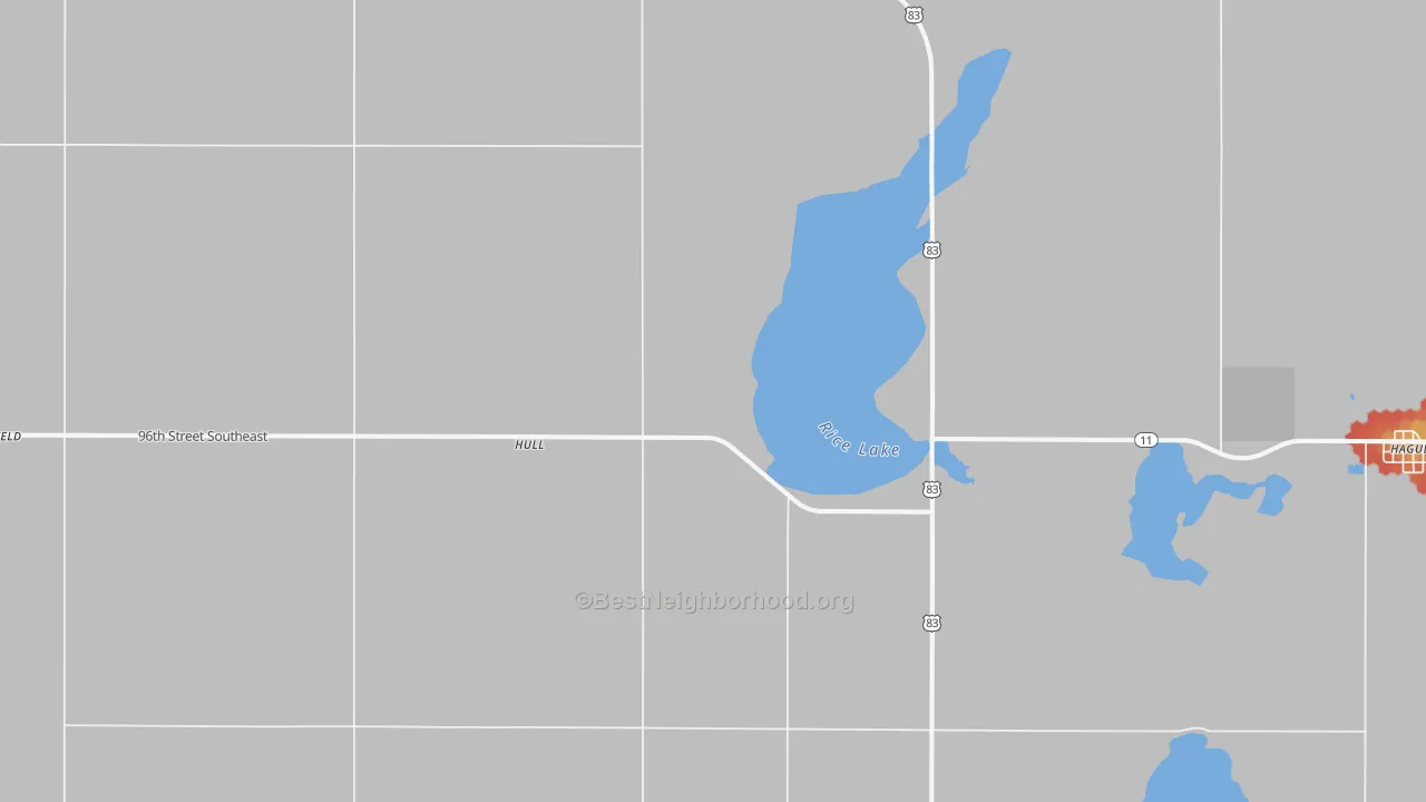 Walk Grade map of Hull, ND, walkable areas in green and car-dependent areas in red