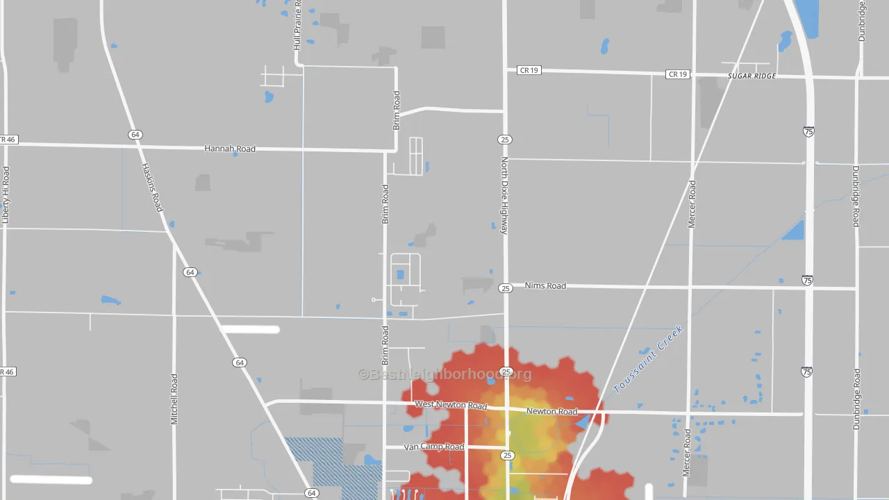 Walk Grade map of Hull Prairie, OH, walkable areas in green and car-dependent areas in red