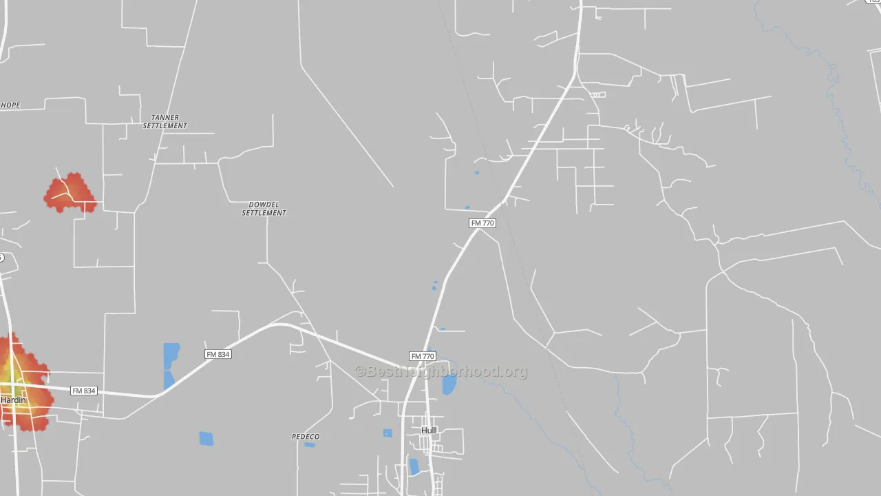 Walk Grade map of Hull, TX, walkable areas in green and car-dependent areas in red