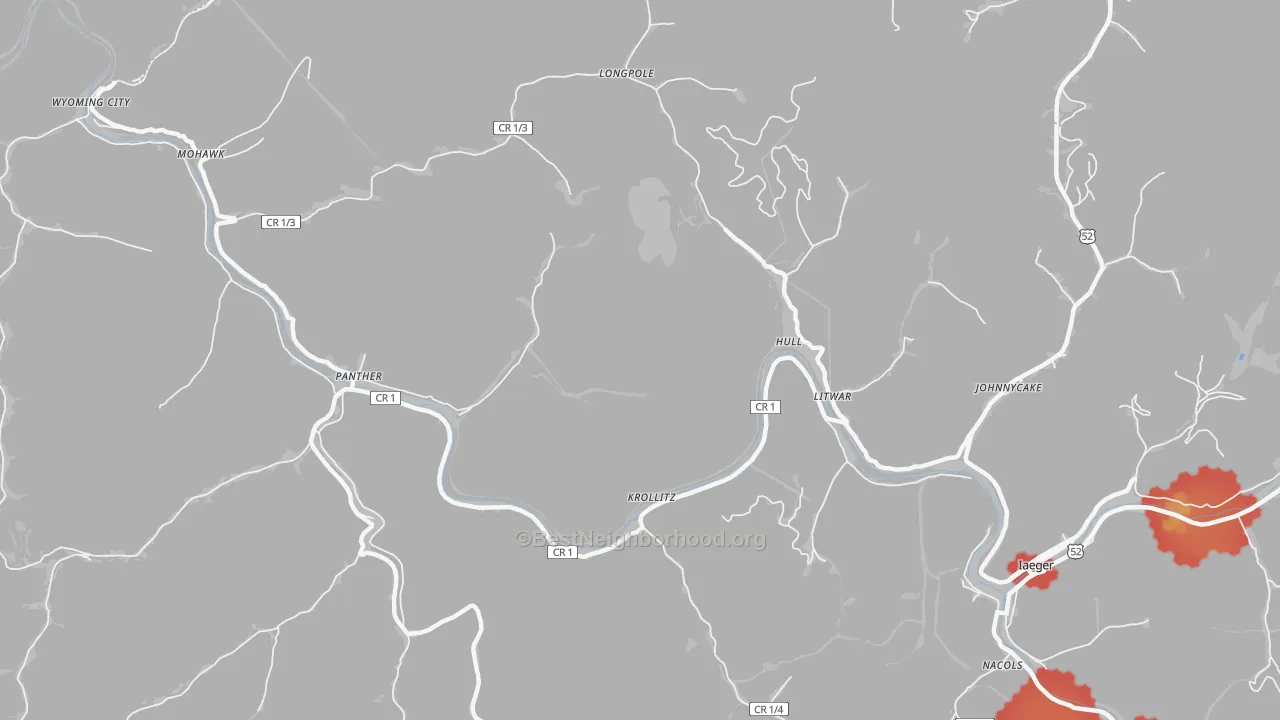 Walk Grade map of Hull, WV, walkable areas in green and car-dependent areas in red
