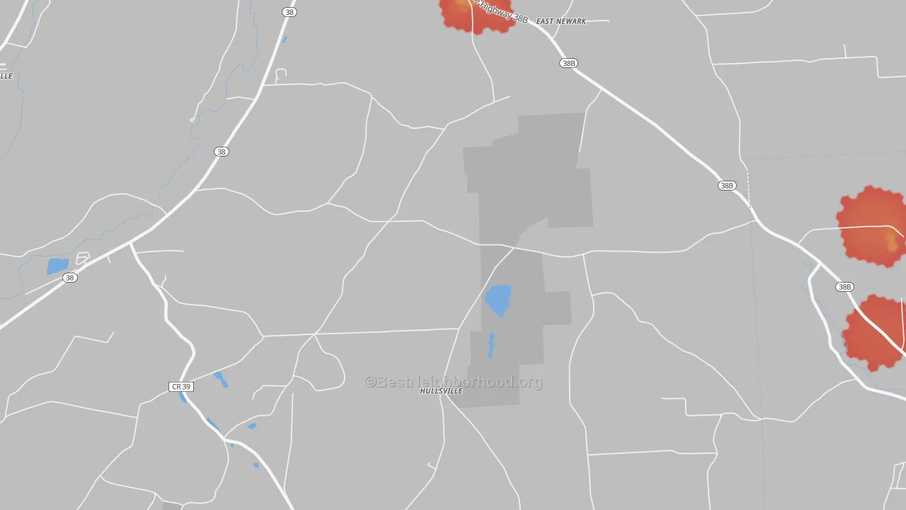 Walk Grade map of Hullsville, NY, walkable areas in green and car-dependent areas in red