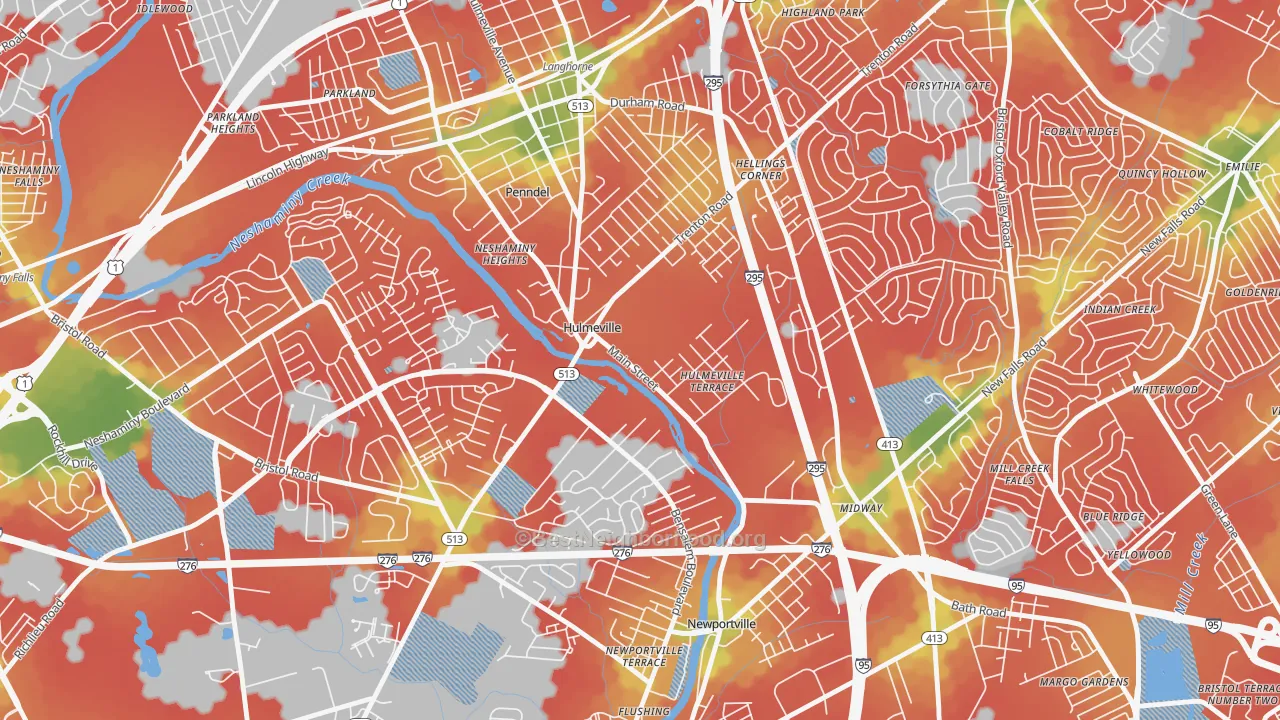 Walk Grade map of Hulmeville, PA, walkable areas in green and car-dependent areas in red