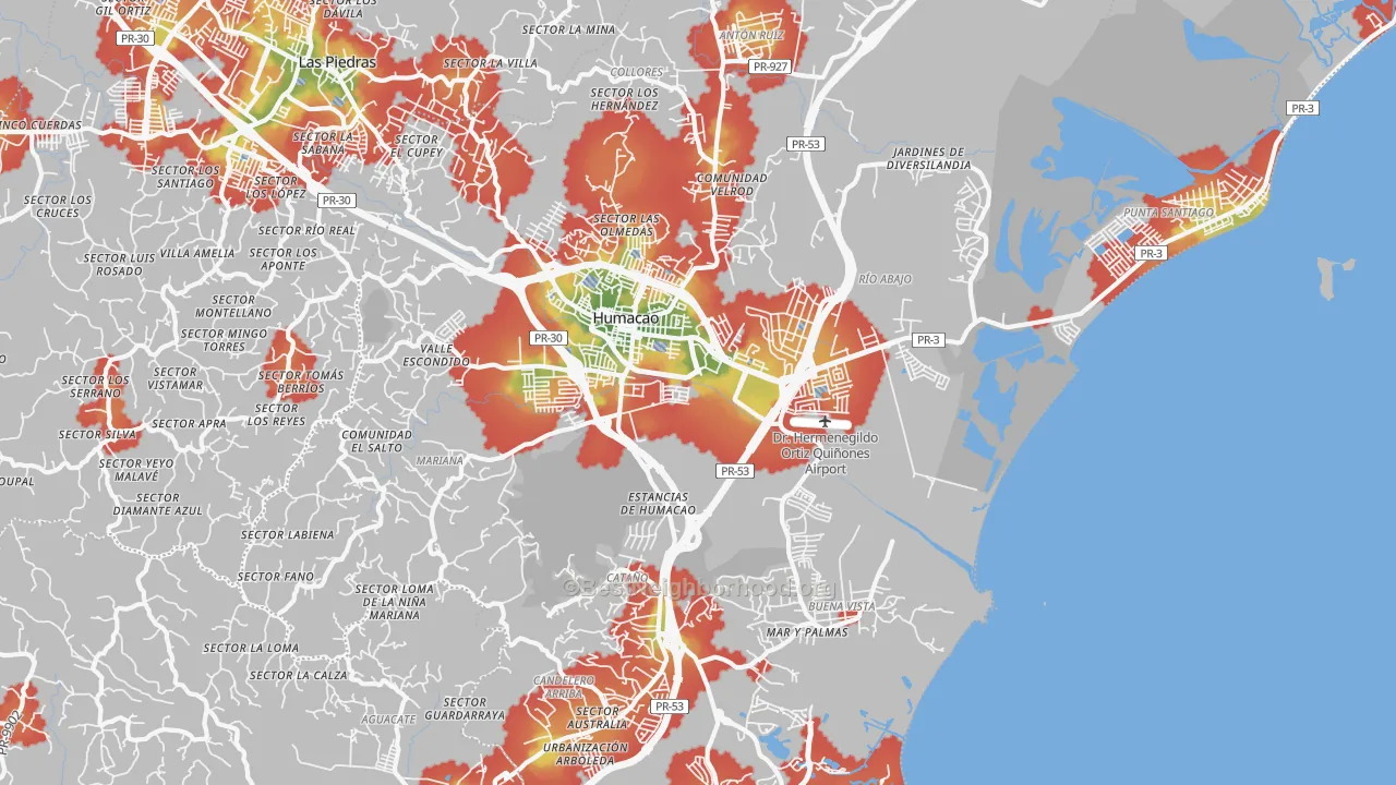 Walk Grade map of Humacao Municipio, PR, walkable areas in green and car-dependent areas in red