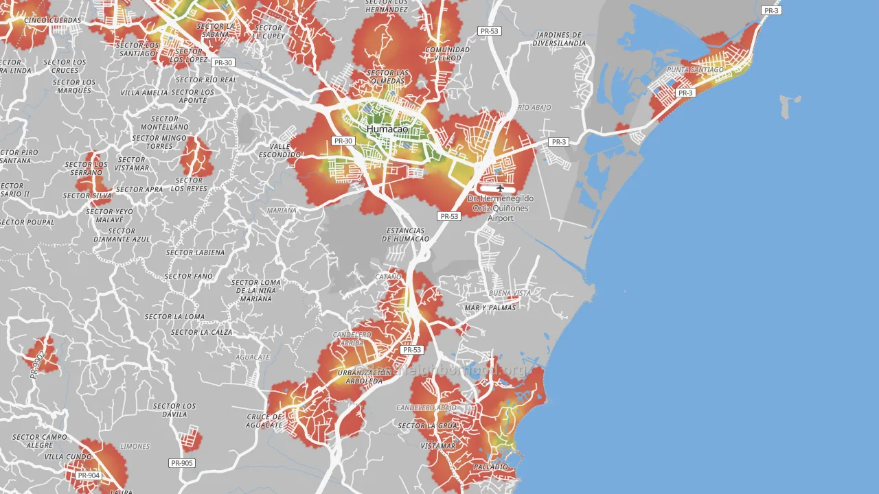 Walk Grade map of Humacao, PR, walkable areas in green and car-dependent areas in red