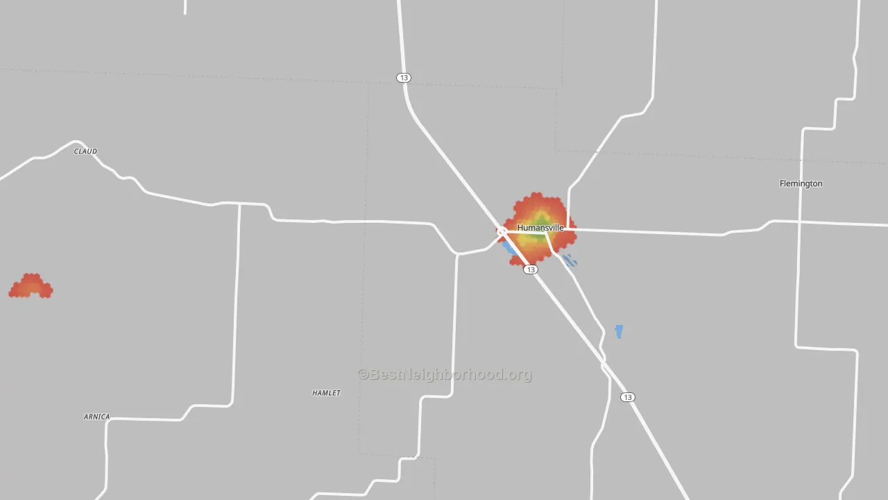 Walk Grade map of Humansville, MO, walkable areas in green and car-dependent areas in red