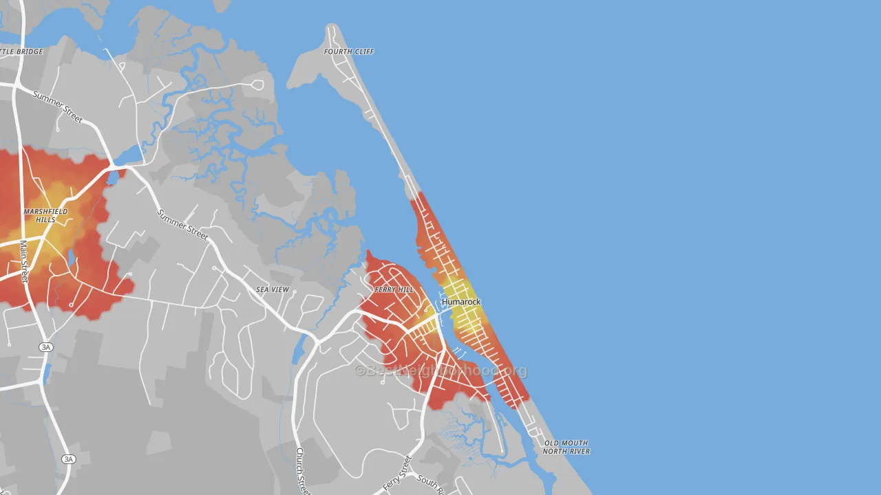 Walk Grade map of Humarock, MA, walkable areas in green and car-dependent areas in red