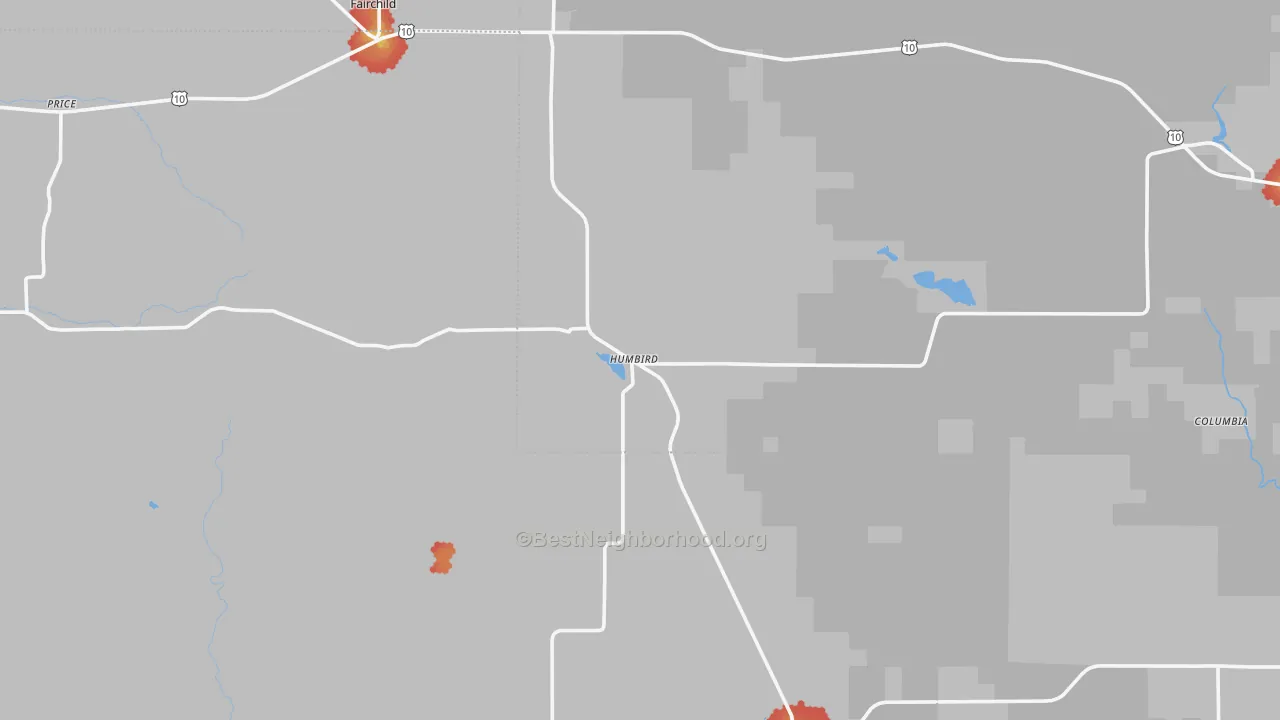 Walk Grade map of Humbird, WI, walkable areas in green and car-dependent areas in red