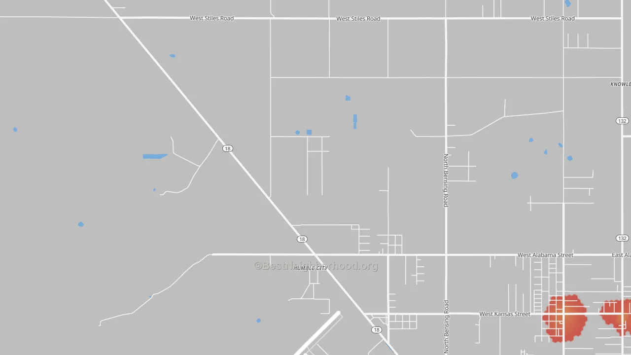 Walk Grade map of Humble City, NM, walkable areas in green and car-dependent areas in red