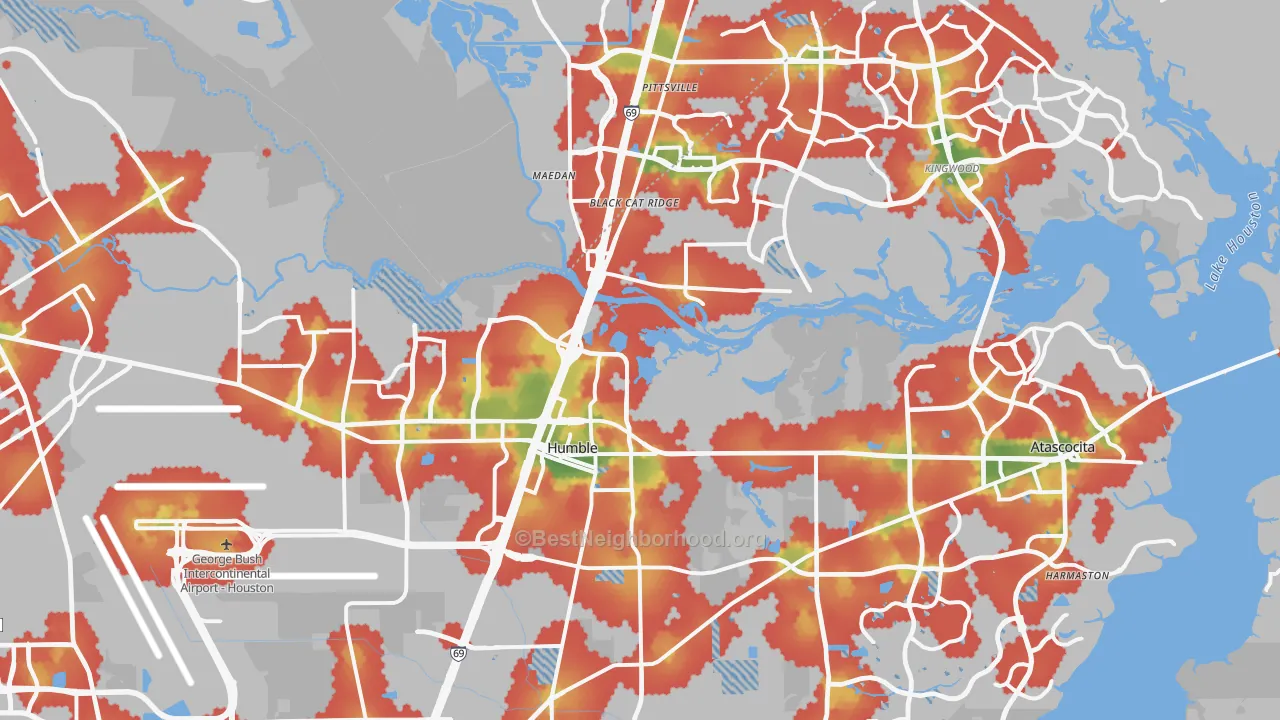 Walk Grade map of Humble, TX, walkable areas in green and car-dependent areas in red
