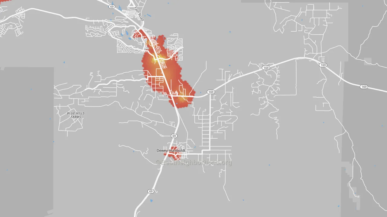 Walk Grade map of Humboldt, AZ, walkable areas in green and car-dependent areas in red